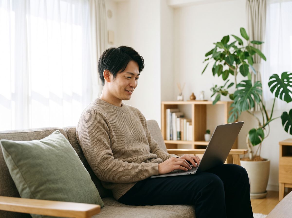 ソファでノートパソコンを膝に置き、AI に相談している男性