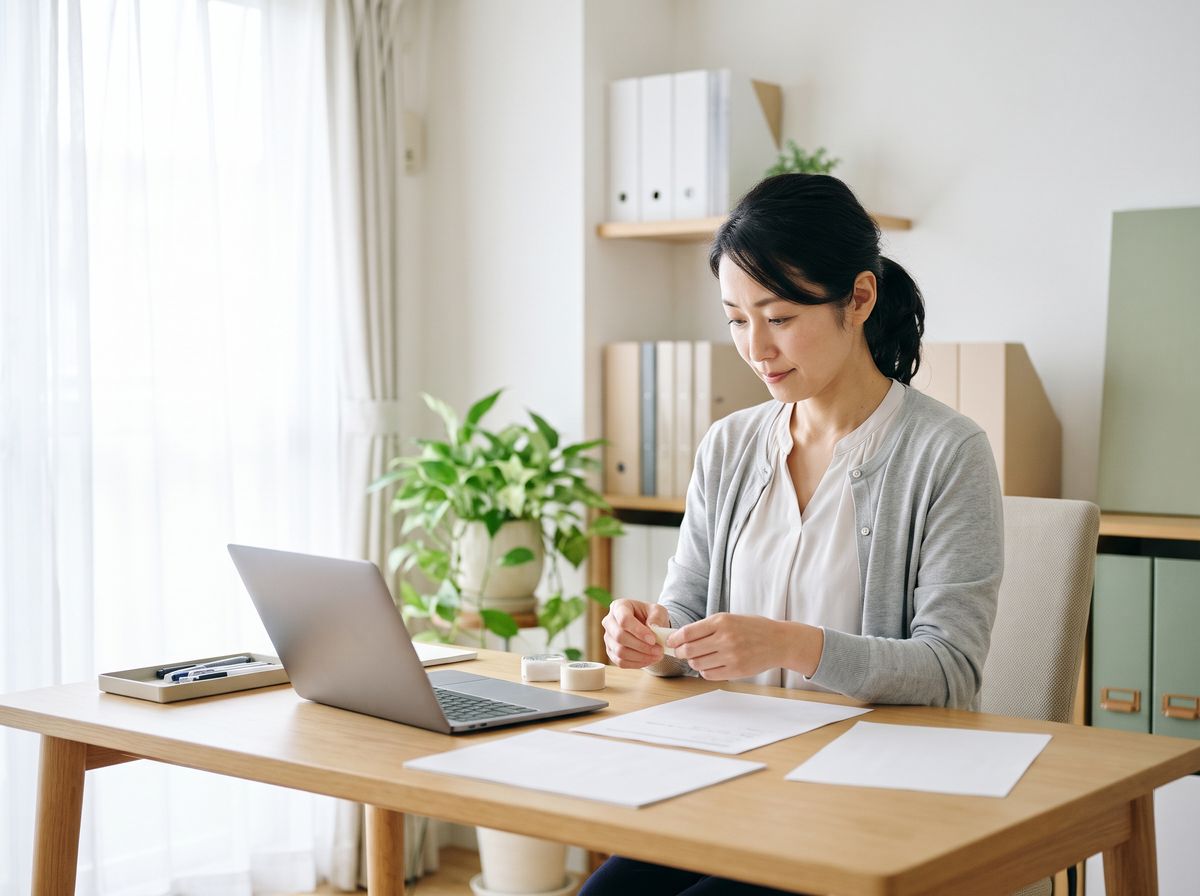 書類を前に、貼り付ける手を止めて確かめる女性