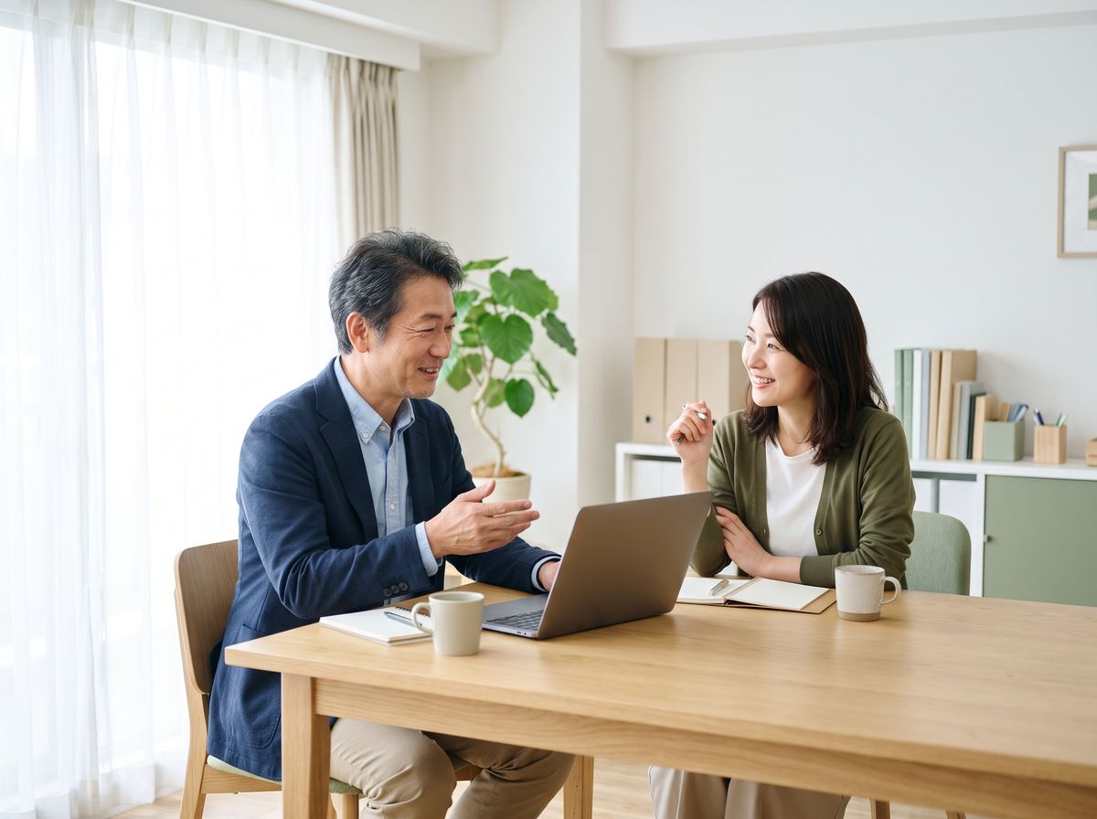 明るい打ち合わせの席で、ノートパソコンを前に取引先と話す男性と女性