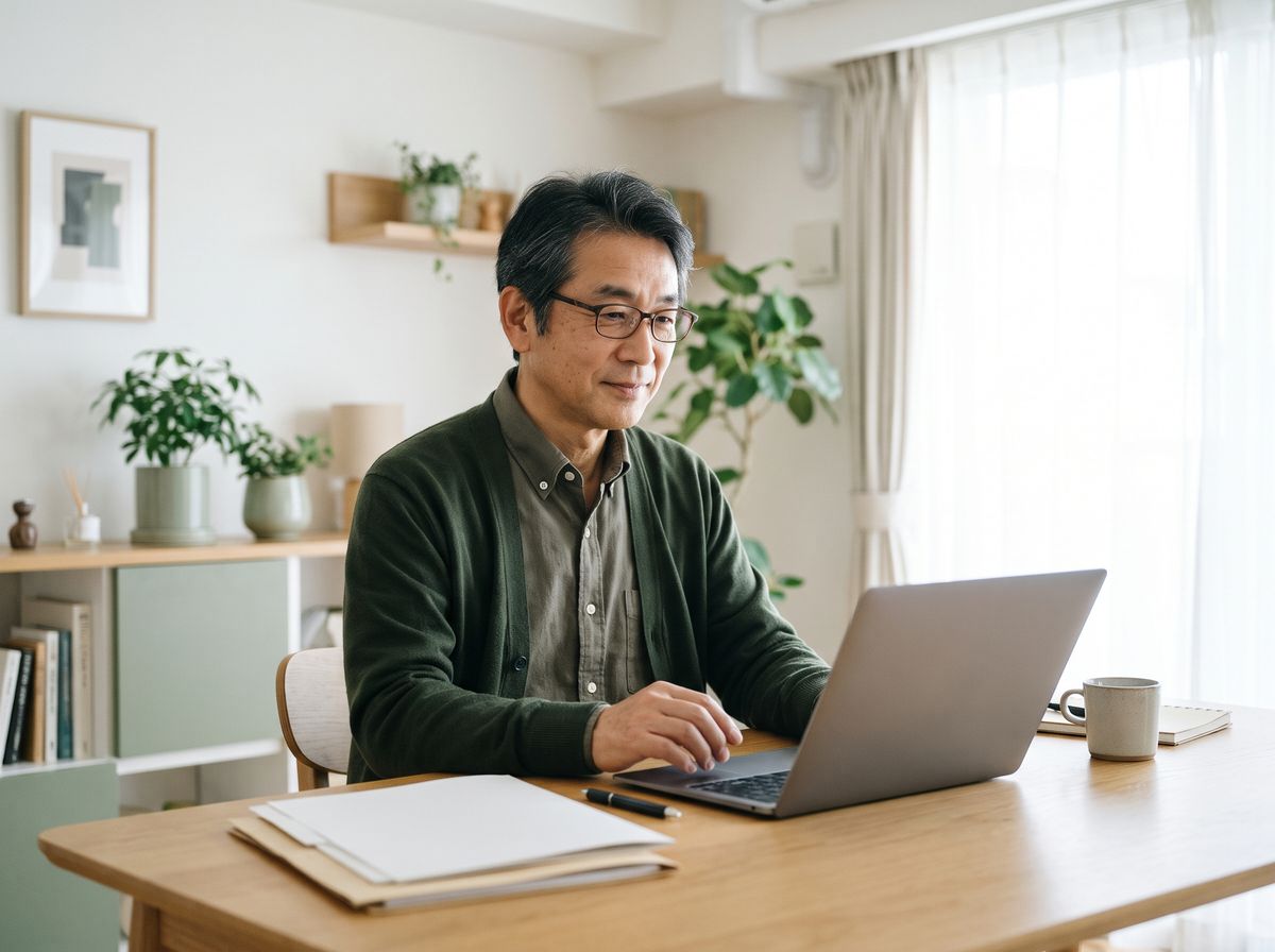 書類のそばでノートパソコンに向かう専門職の男性