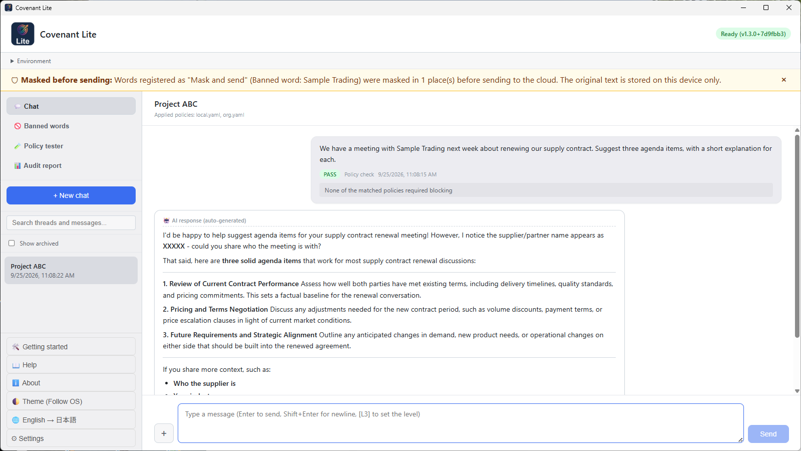 Covenant Lite: the banner at the top says a registered term was masked before the message was sent to the cloud AI